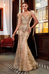 Embellished Evening Gown With Feathers